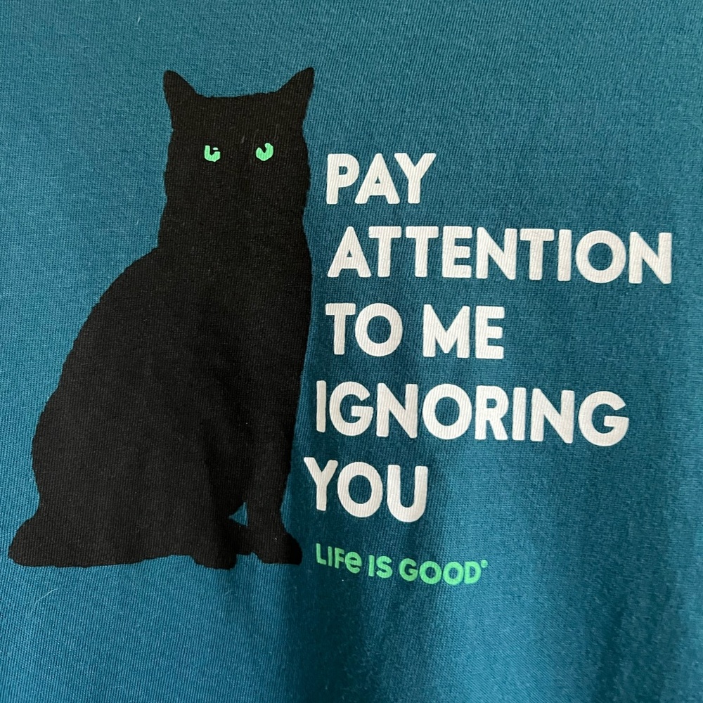 LIFE IS GOOD 🐈‍⬛ Teal, Short Sleeve, T-Shirt , Rounded Neck, Black Cat Design - Picture 4 of 7